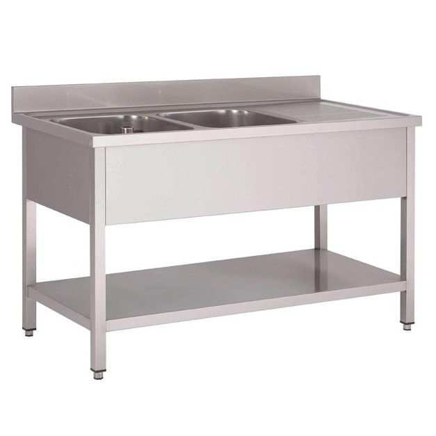 Plonge inox avec étagère basse Gastro M 2 bacs à gauche