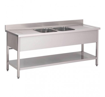 Plonge inox avec étagère basse Gastro M 2 bacs au centre 2000 Plonge inox avec étagère basse Gastro M 2 bacs au centre 2000