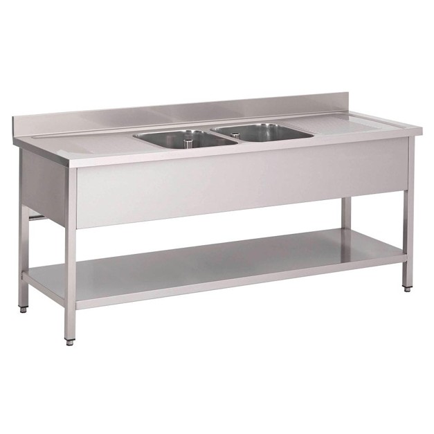 Plonge inox avec étagère basse Gastro M 2 bacs au centre 2000