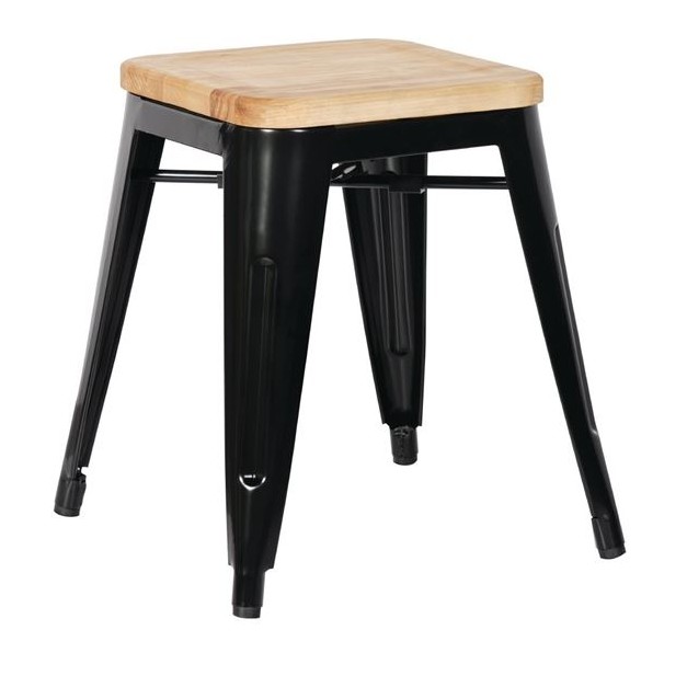 Tabourets bistro bas en acier noir avec assise en bois Bolero (lot de 4)