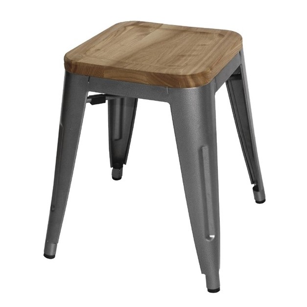Tabourets bistro bas en acier gris métal avec assise en bois Bolero (lot de 4)