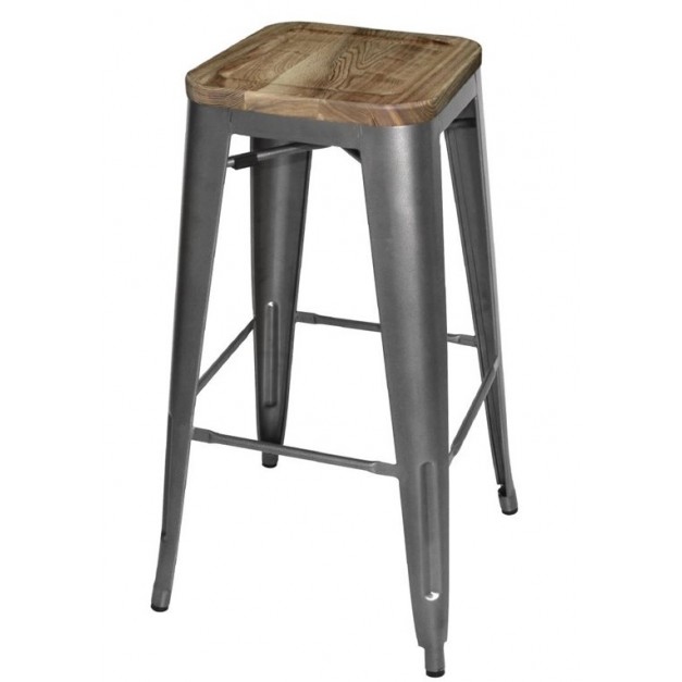 Tabouret bistro haut en acier gris avec assise en bois Bolero lot de 4