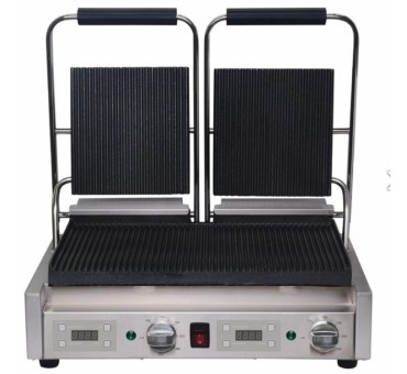 Machine à panini professionnelle double - spécial sandwich alimentation -  triphasé ( 400 v ), forme des plaques - plaques inferieur et supperieur  rainurées - Sofraca - Paninis et grills de contact - référence 10214 -  Stock-Direct CHR