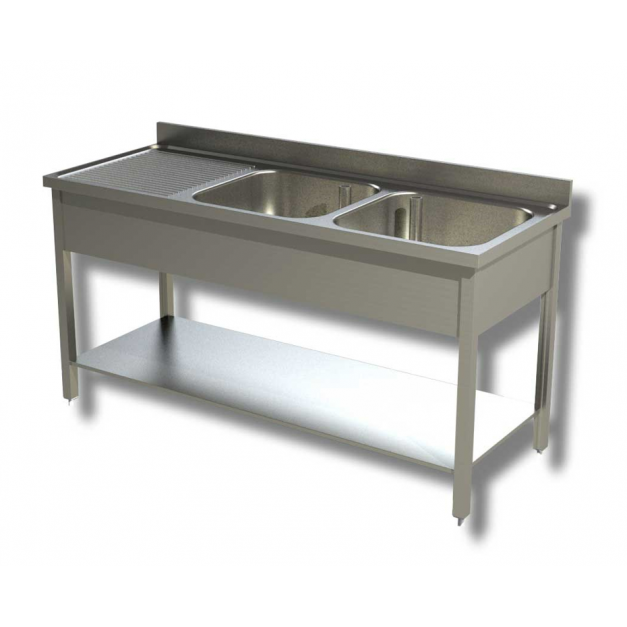 Plonge avec 2 bacs a droite et étagere basse Prof 600