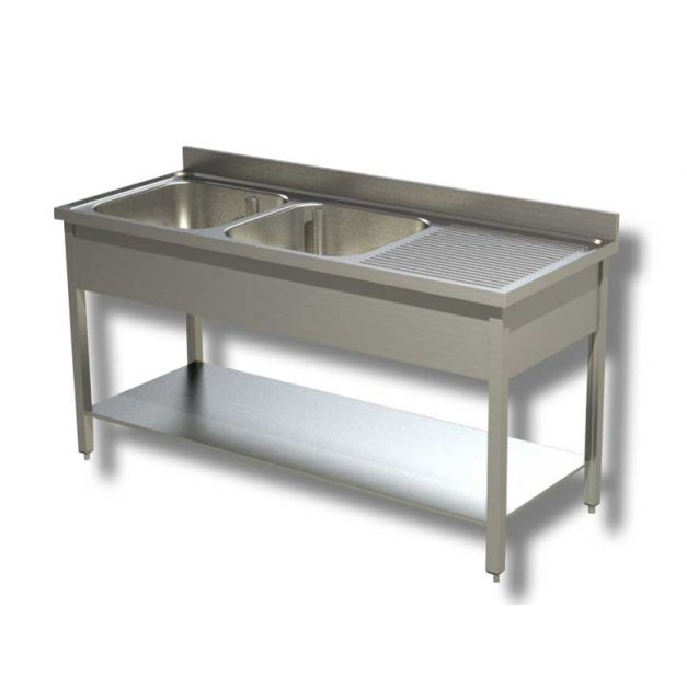 Plonge avec 2 bacs a gauche et étagere basse Prof 600