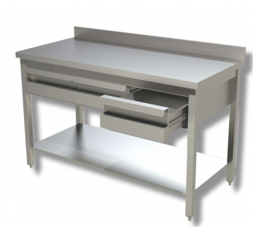 Table de travail 600 acier inoxydable avec tiroirs et dosseret Table de travail 600 acier inoxydable avec tiroirs et dosseret