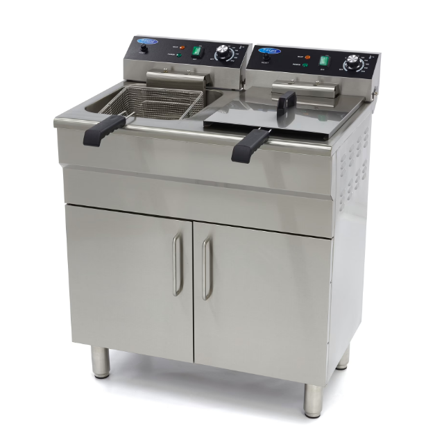 Friteuse - 2 x 16 L - 2 paniers - avec robinet de vidange et support - 230V