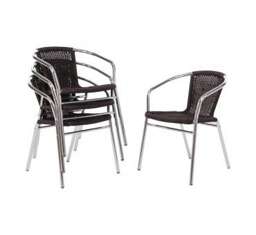 Lot de 4 fauteuils en rotin noir et aluminium empilable Lot de 4 fauteuils en rotin noir et aluminium empilable