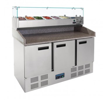 Comptoir de préparation pizza et salade réfrigéré 3 portes 368L Comptoir de préparation pizza et salade réfrigéré 3 portes 368L